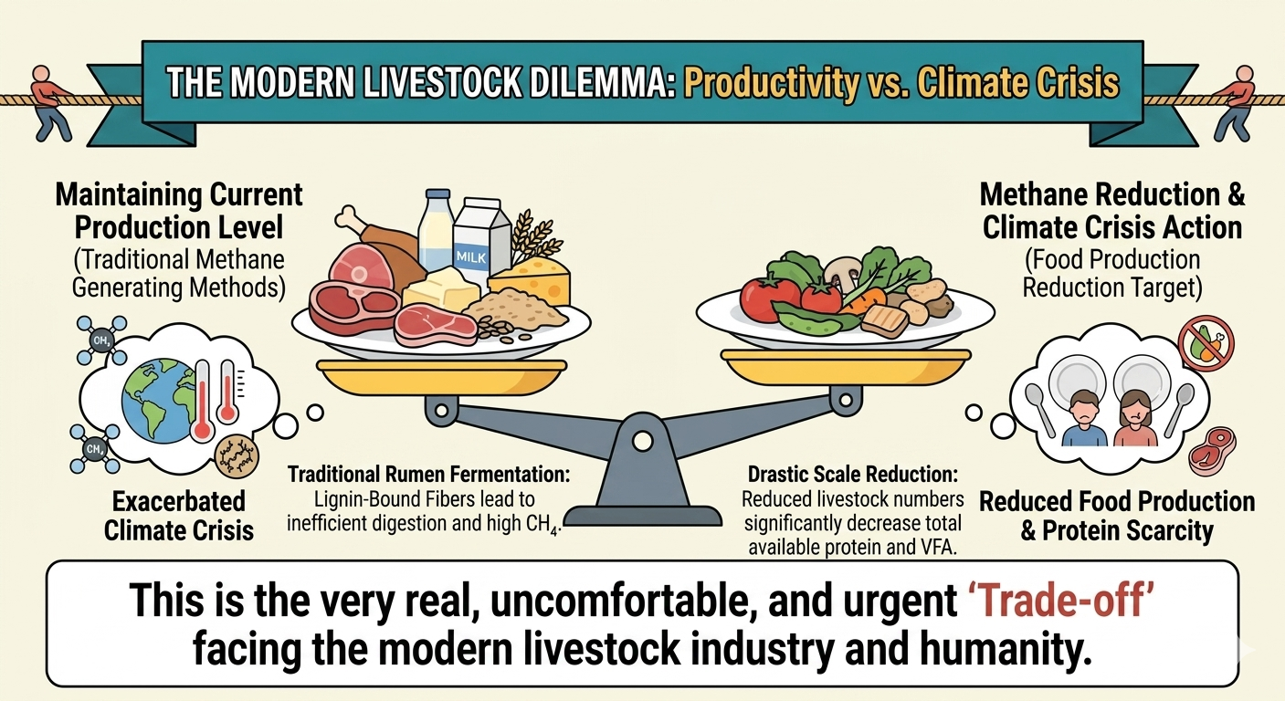 The Modern Livestock Dilemma: Productivity vs. Climate Crisis — a scale balancing current production levels against methane reduction and climate action