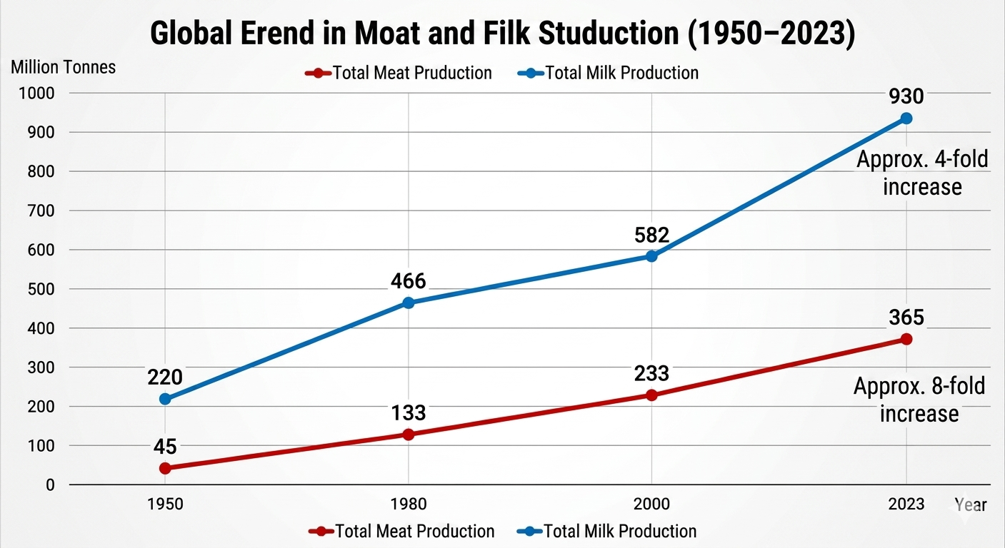 Global trend in meat and milk production 1950-2023