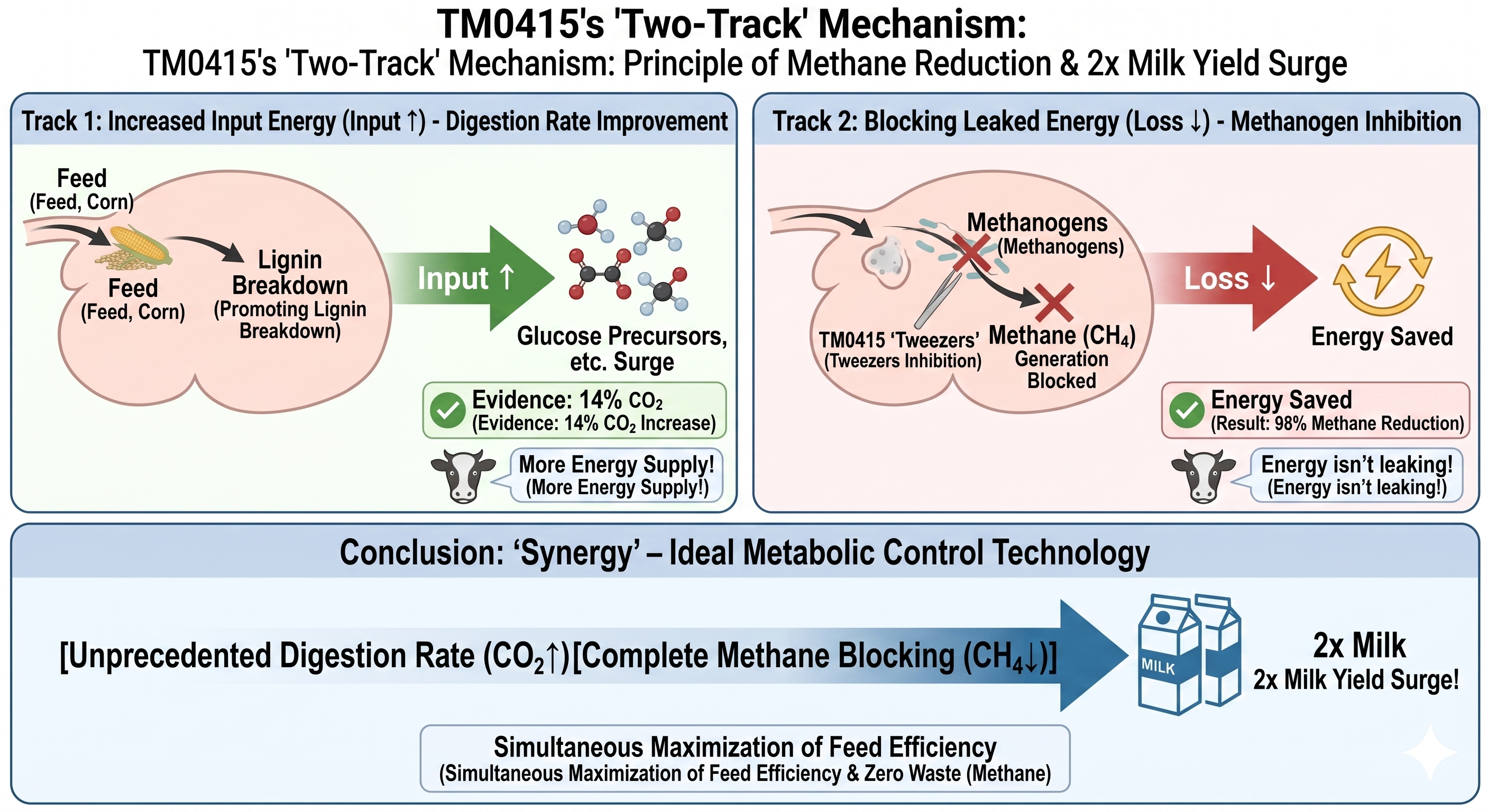 TM0415's Two-Track mechanism — principle of methane reduction and 2× milk yield surge