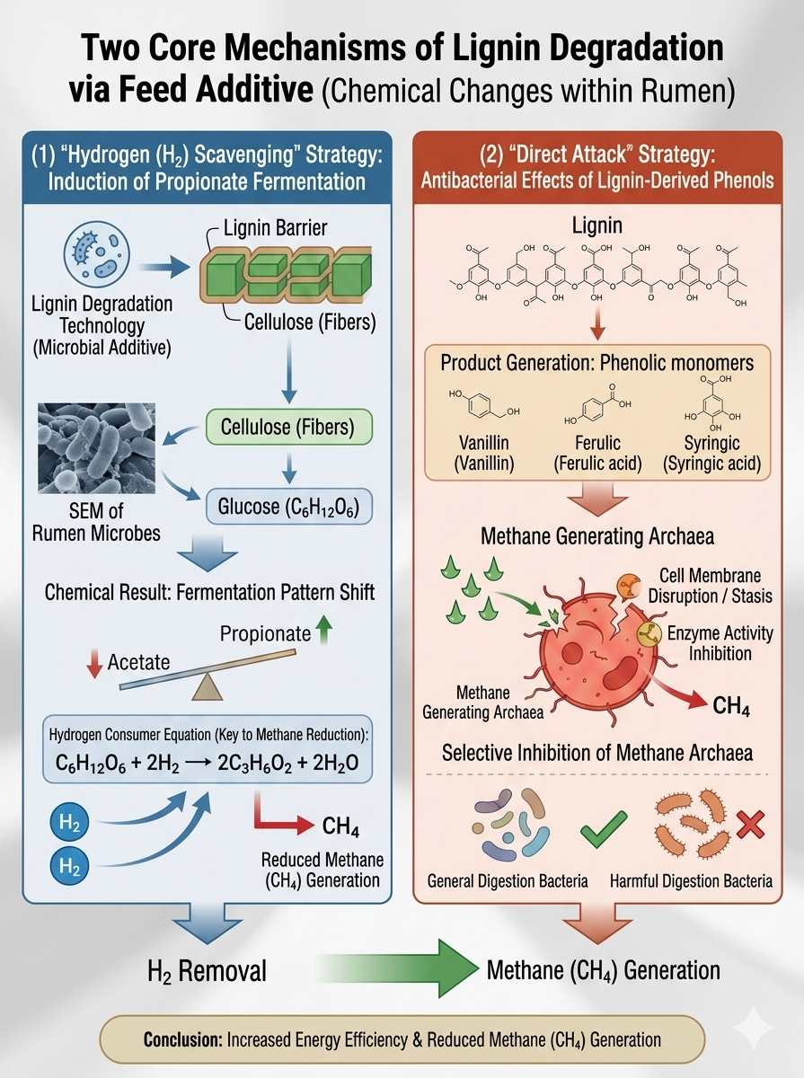 Two core mechanisms of lignin degradation via feed additive — H₂ scavenging and direct phenolic attack on methanogens