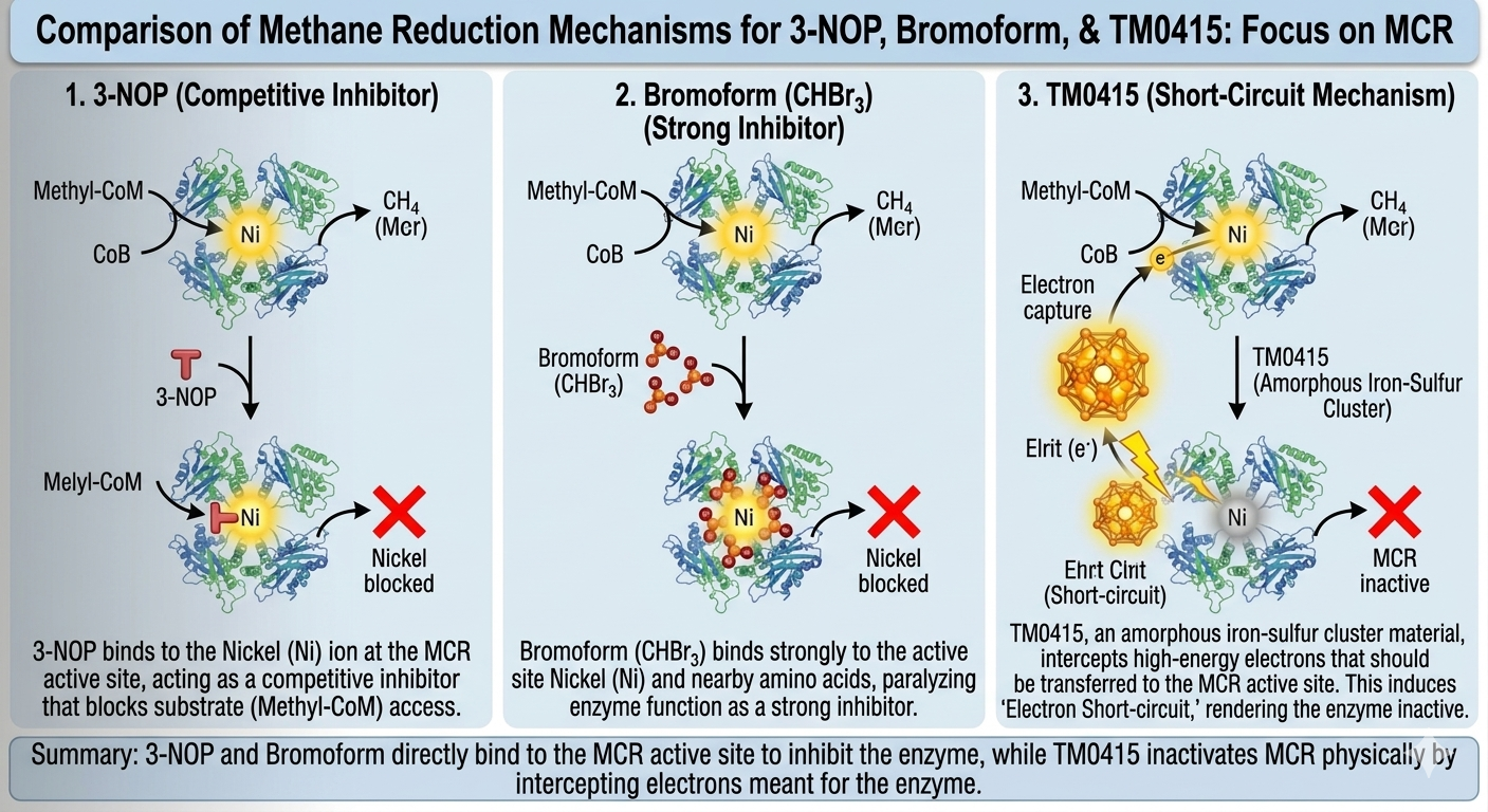 Comparison of methane reduction mechanisms for 3-NOP, Bromoform, and TM0415 — focus on MCR enzyme
